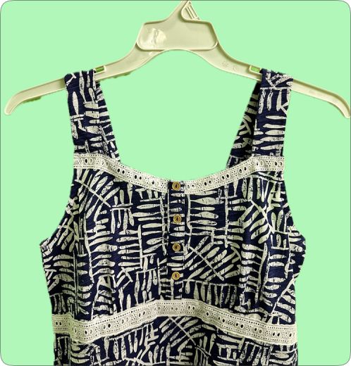 Women’s Indigo Slub Printed Top | Sleeveless Lace Detail Summer Top