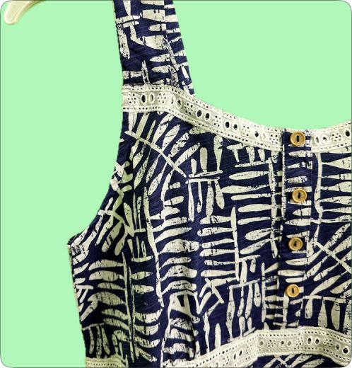 Women’s Indigo Slub Printed Top | Sleeveless Lace Detail Summer Top