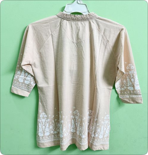 Women’s Slub Jersey Border Print Top with Crochet Trim