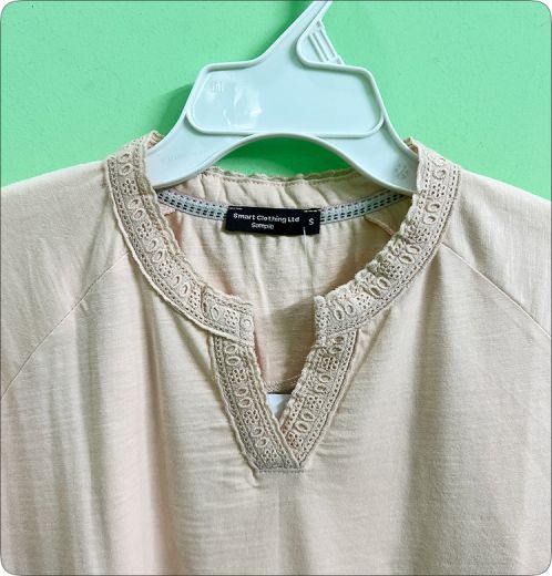 Women’s Slub Jersey Border Print Top with Crochet Trim