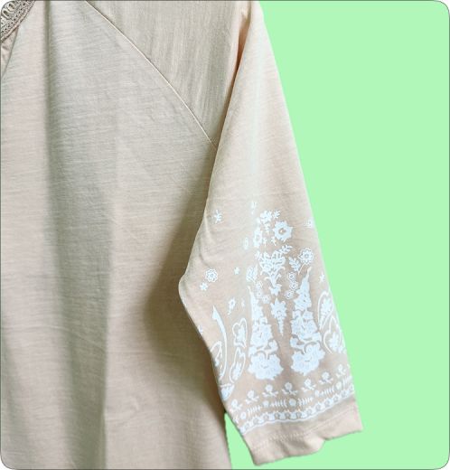 Women’s Slub Jersey Border Print Top with Crochet Trim