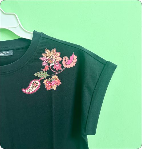 Women’s Black Printed T-Shirt Floral Paisley Design