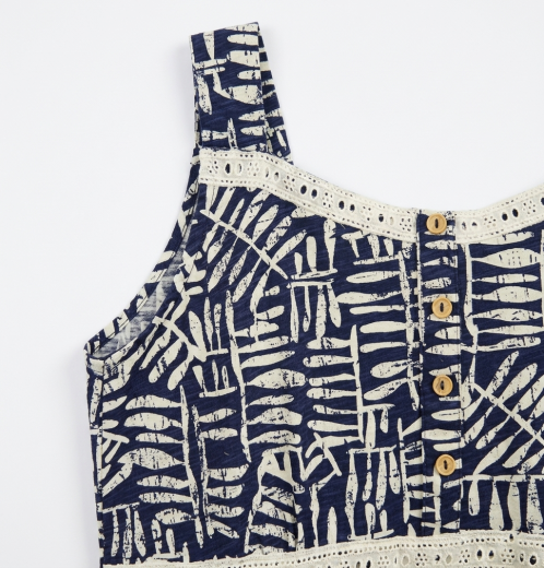 Women’s Indigo Slub Printed Top Sleeveless Lace Detail Summer Top