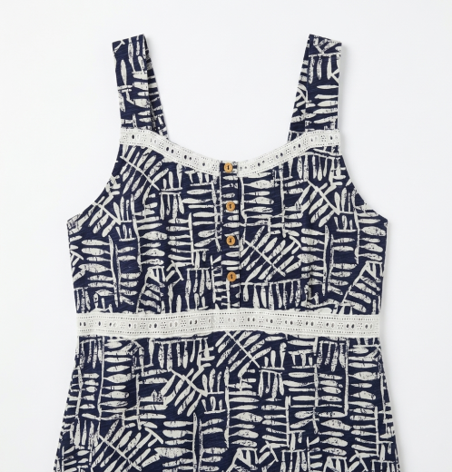 Women’s Indigo Slub Printed Top Sleeveless Lace Detail Summer Top