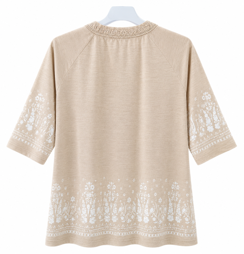 Women’s Slub Jersey Border Print Top with Crochet Trim