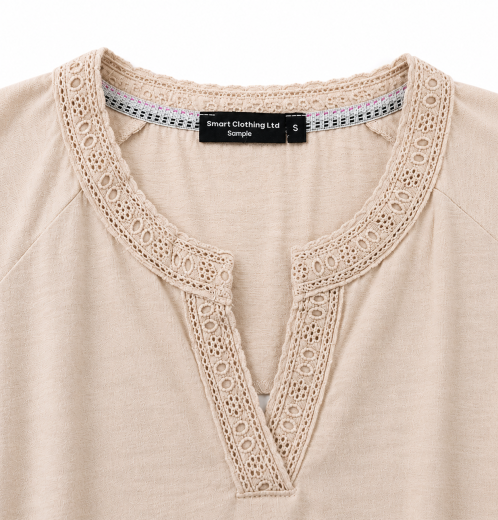 Women’s Slub Jersey Border Print Top with Crochet Trim