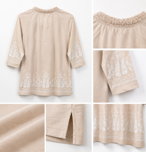 Women’s Slub Jersey Border Print Top with Crochet Trim