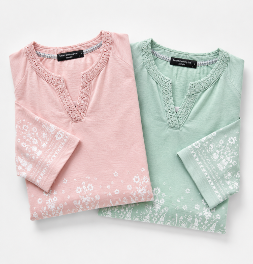 Women’s Slub Jersey Border Print Top with Crochet Trim